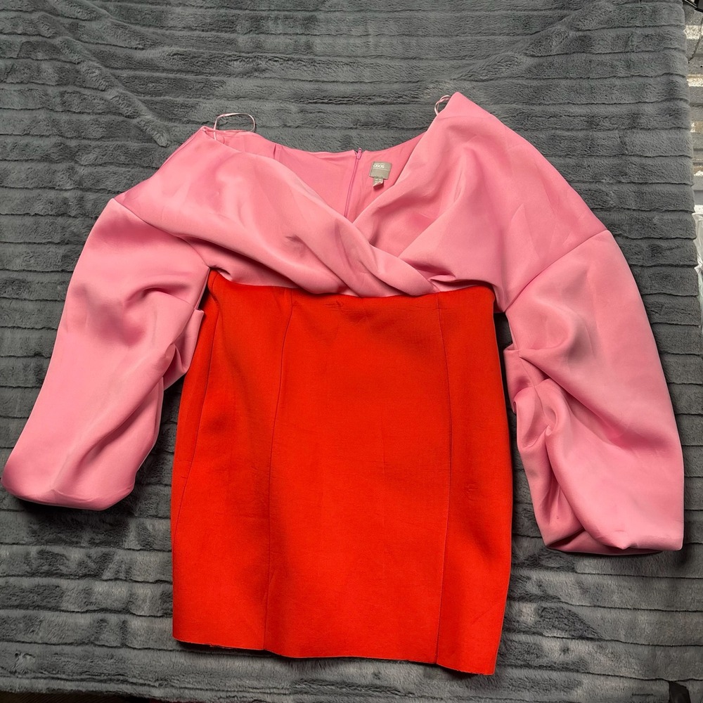 ASOS Pink and Red Colorblock Off Shoulder Puff Sleeve Mini Dress US 16 F100676 - Picture 2 of 9